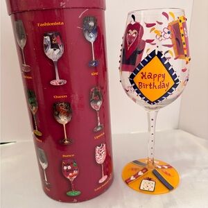 Lolita Happy Birthday Hand-Painted Wine Glass - Yellow, Pink, Blue